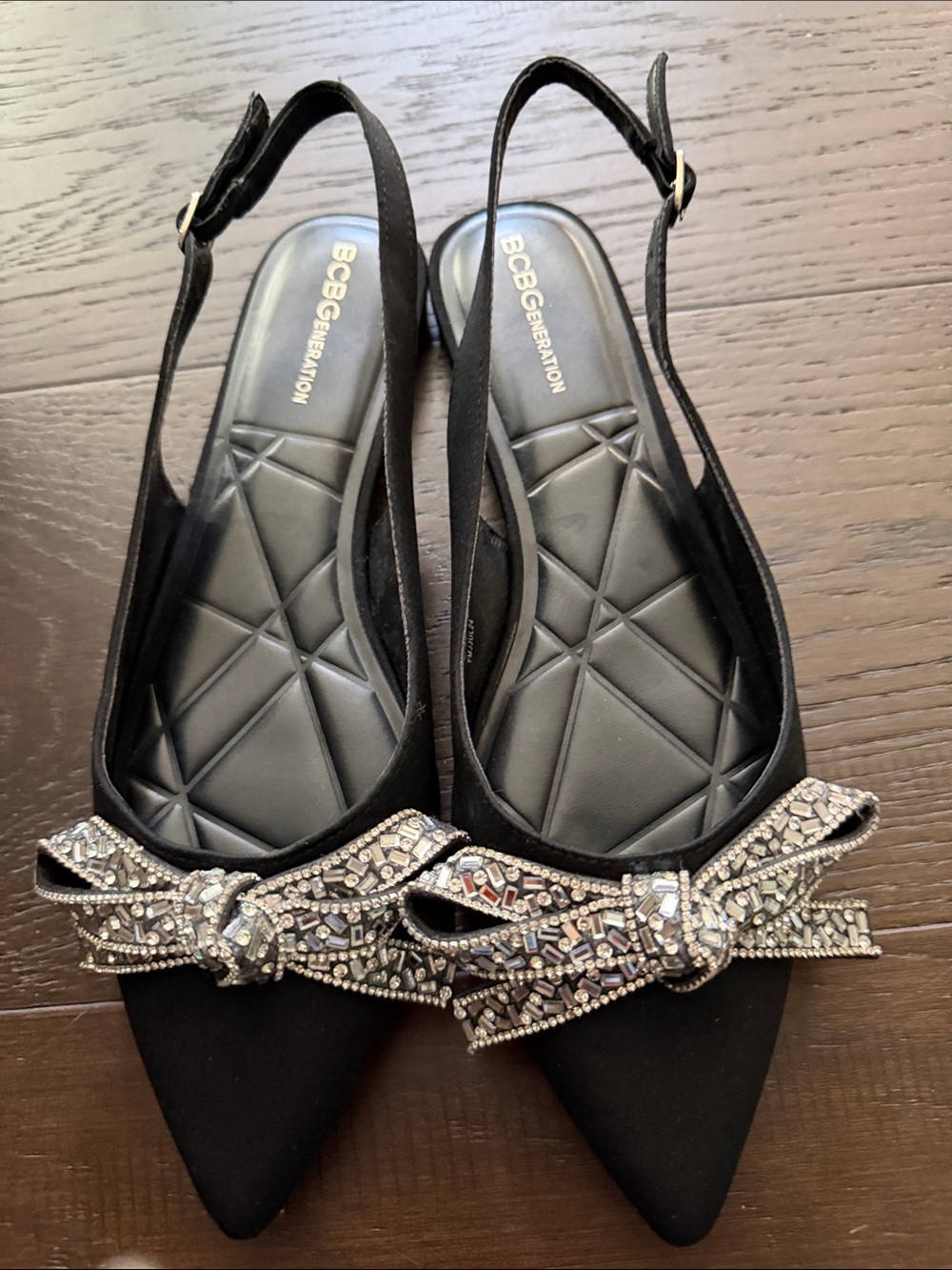 BCBG Black Pointed Toe Flats with Crystal Bow
